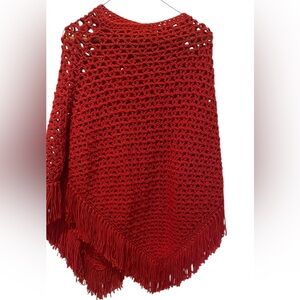 Handmade Crocheted Poncho Red Burnt Rust Fall Fringe Handcrafted Women’s Small